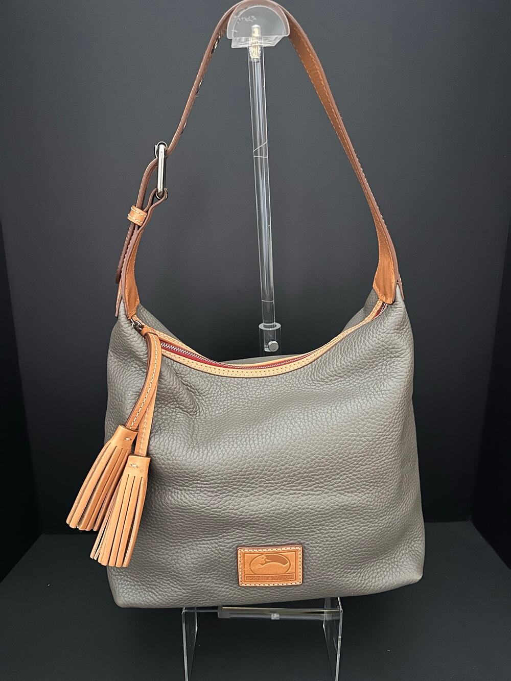 Dooney & Bourke Pebble Grain Leather Hobo Shoulder Bag Gray Taupe Tan Tassel